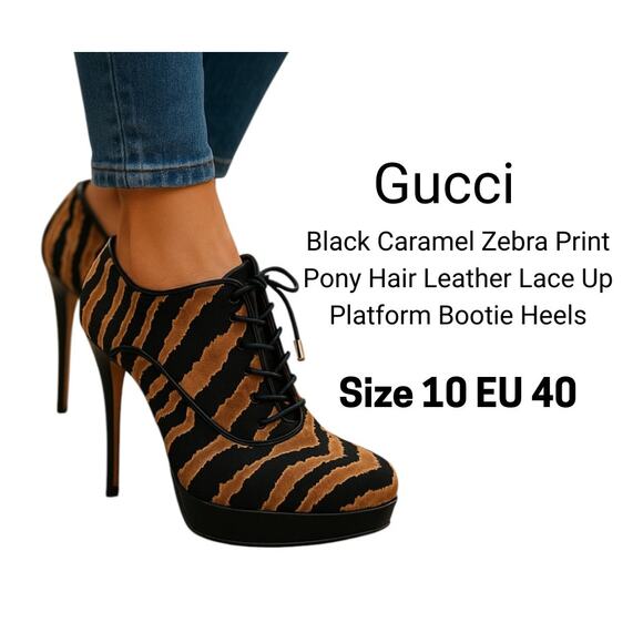 Gucci Zebra Print Pony Hair Leather Sz 10 EU 40 Lace Up Platform Bootie Heels - Picture 2 of 16